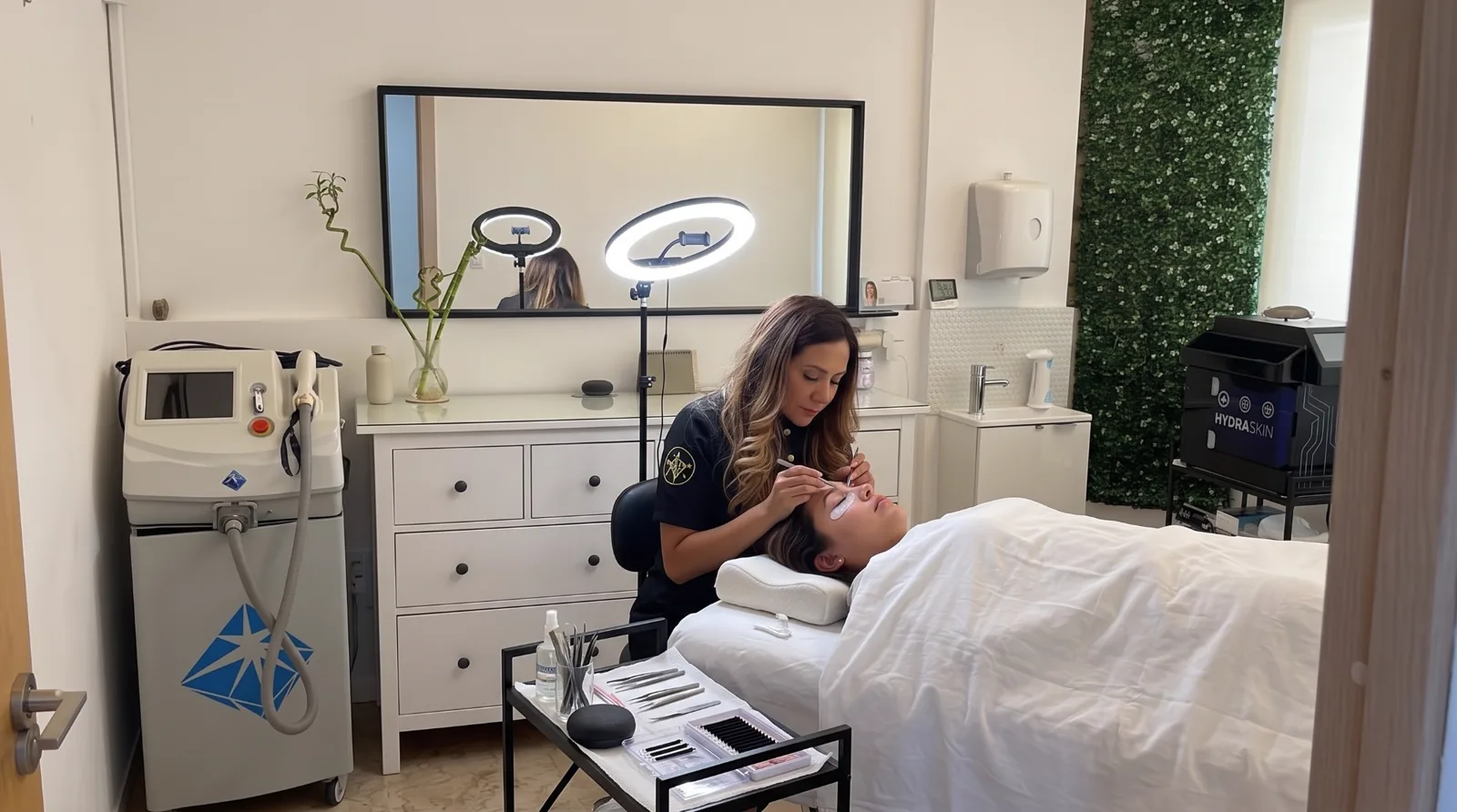 Mayerlin aplicando extensiones de pestañas a una clienta en la cabina de Mych, con aro de luz y espejo