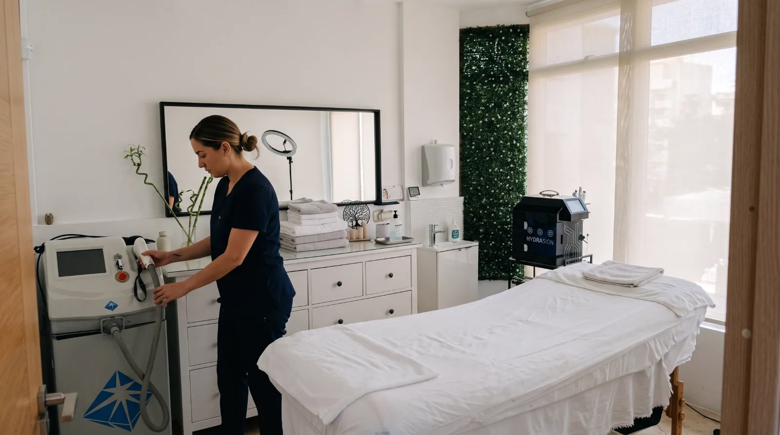 Esteticista preparando el equipo de depilación láser junto a la camilla en la cabina de Mych